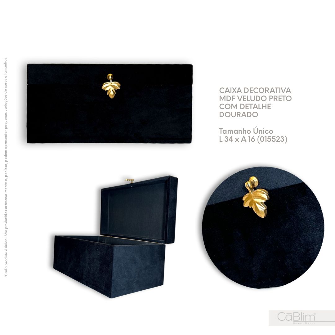 Caixa Decorativa MDF Veludo Preto com Detalhe Dourado