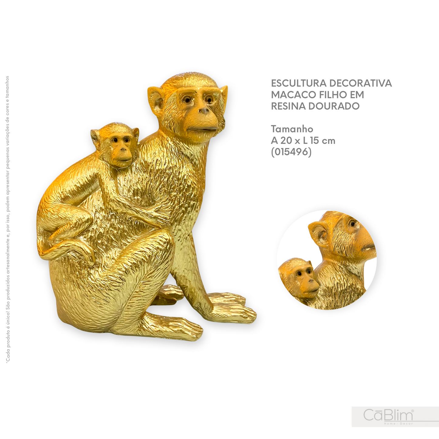 Escultura Decorativa Macaco Filho em Resina Dourado