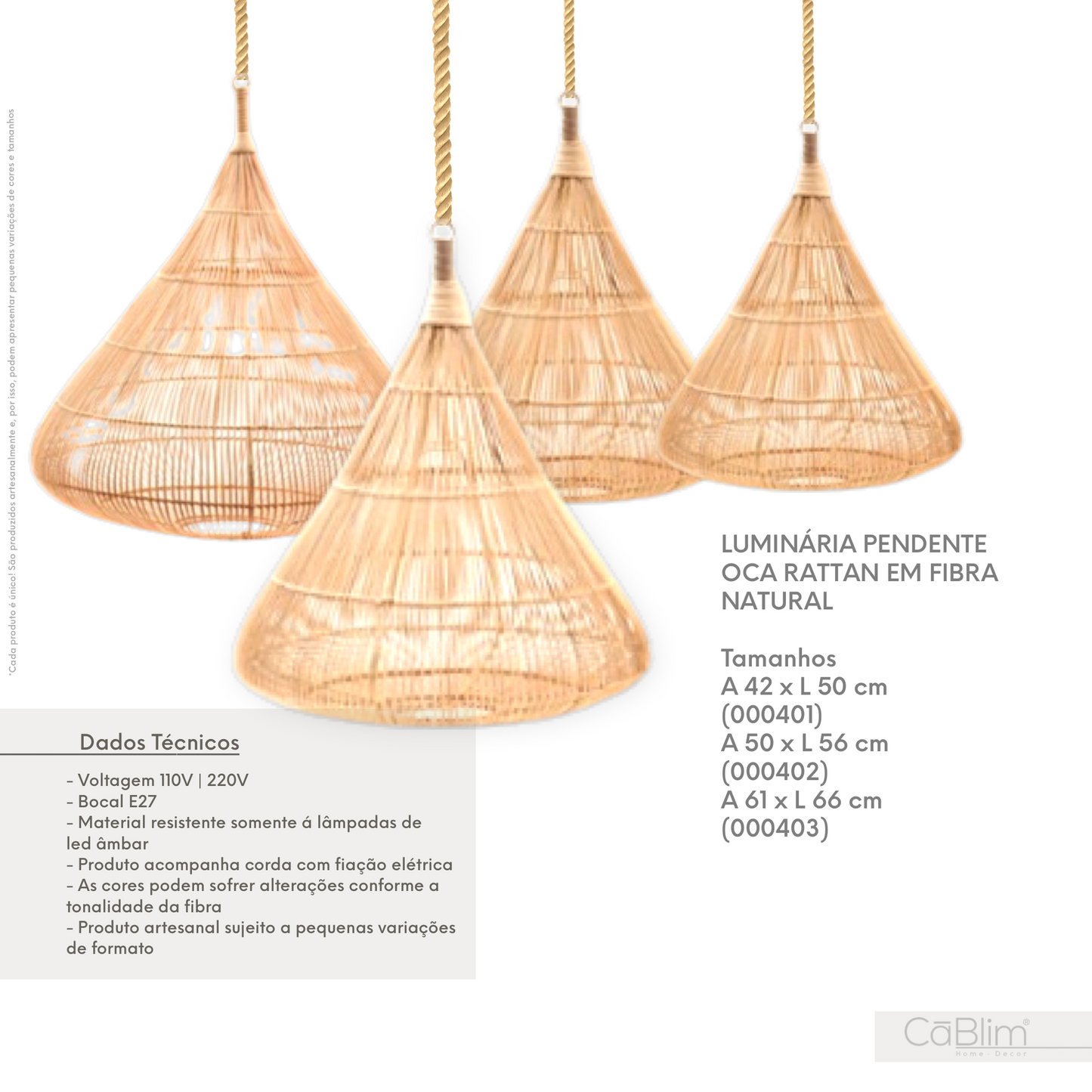 Luminária Pendente Oca Rattan em Fibra Natural