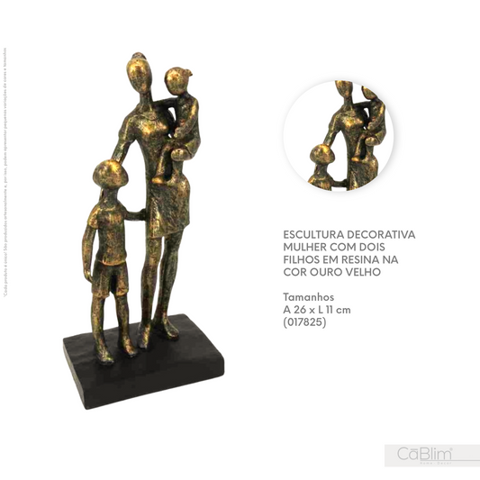 Escultura Decorativa Mulher com Dois Filhos em Resina na Cor Ouro Velho