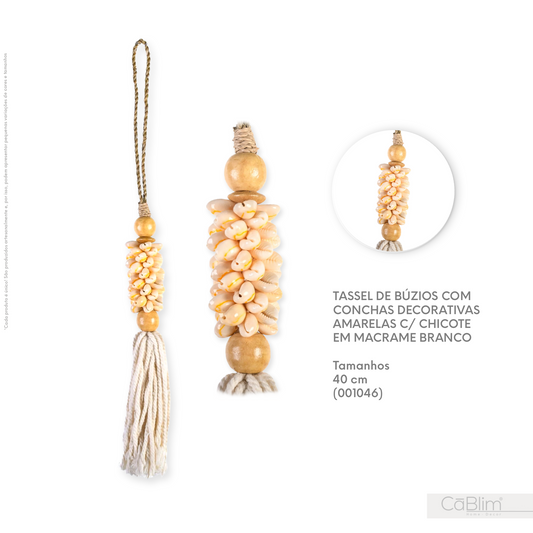 Tassel de Búzios com Conchas Decorativas Amarelas c/ Chicote em Macramê Branco