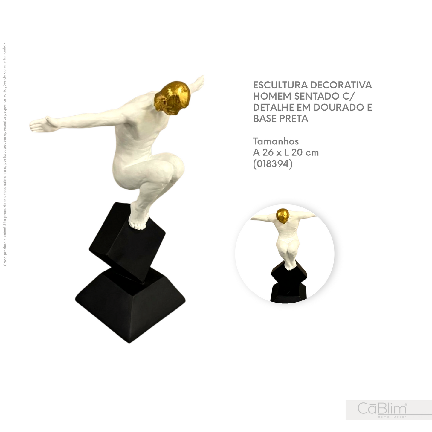 Escultura Decorativa Homem Sentado com Detalhe em Dourado e Base Preta