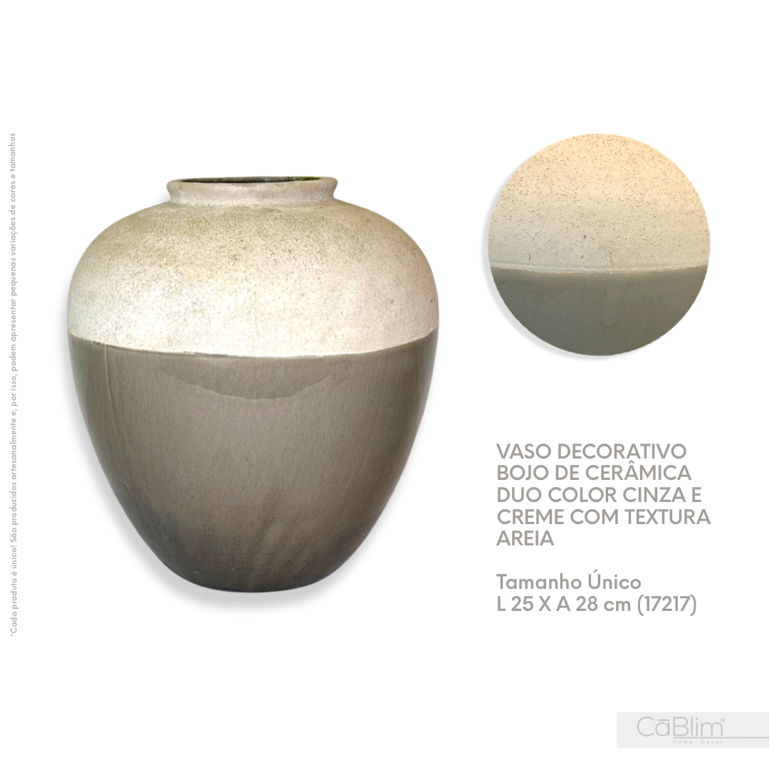 Vaso Decorativo Bojo De Cerâmica Duo Color Cinza e Creme Com Textura Areia