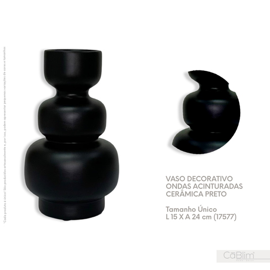 Vaso Decorativo Ondas Acinturadas Cerâmica Preto