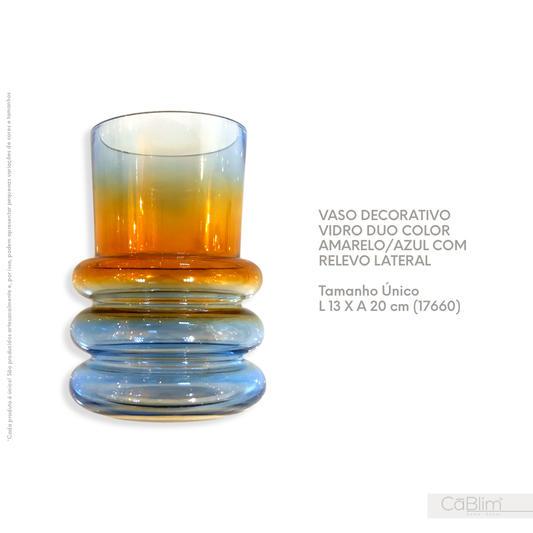 Vaso Decorativo Vidro Duor Color Amarelo/Azul com Relevo Lateral