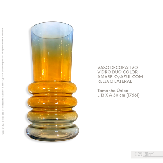 Vaso Decorativo Vidro Duor Color Amarelo/Azul com Relevo Lateral