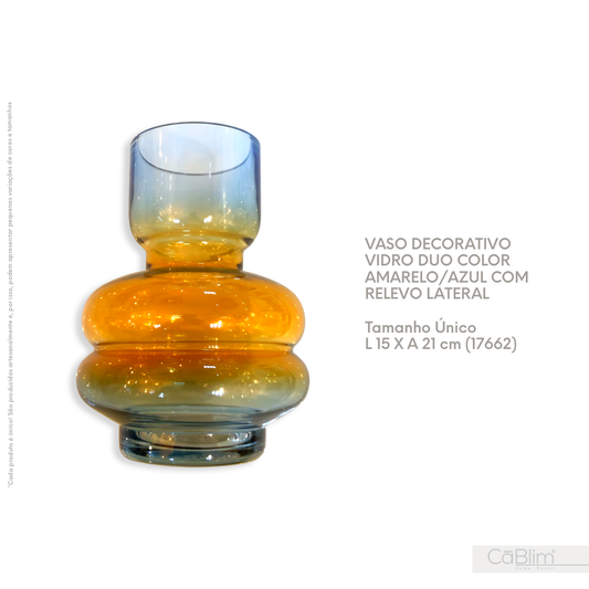 Vaso Decorativo Vidro Duo Color Amarelo/Azul com Relevo Lateral