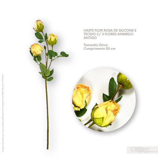 Haste Flor Rosa de Silicone e Tecido com 3 Flores Amarelo Antigo