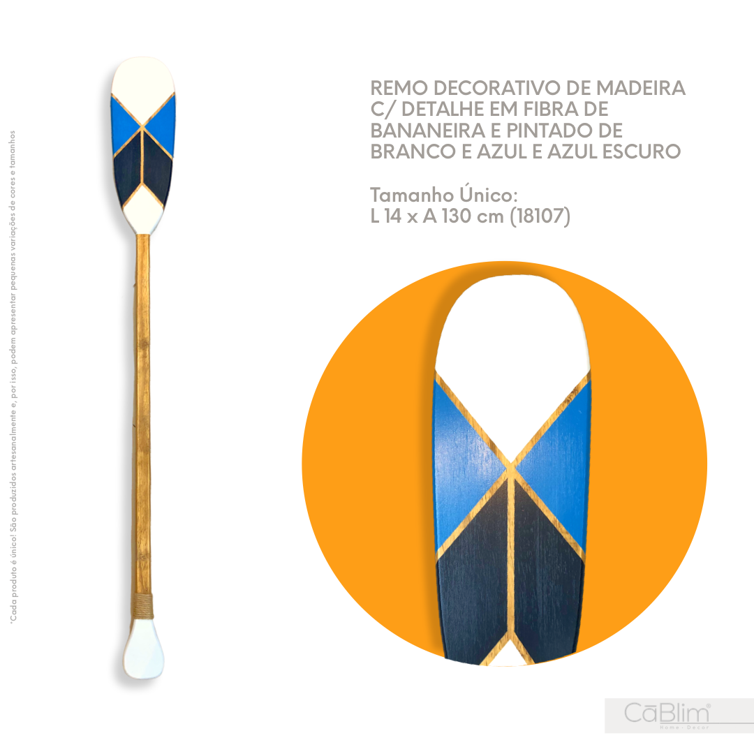 Remo Decorativo de Madeira com Detalhe em Fibra de Bananeira e Pintado de Branco, Azul e Azul Escuro