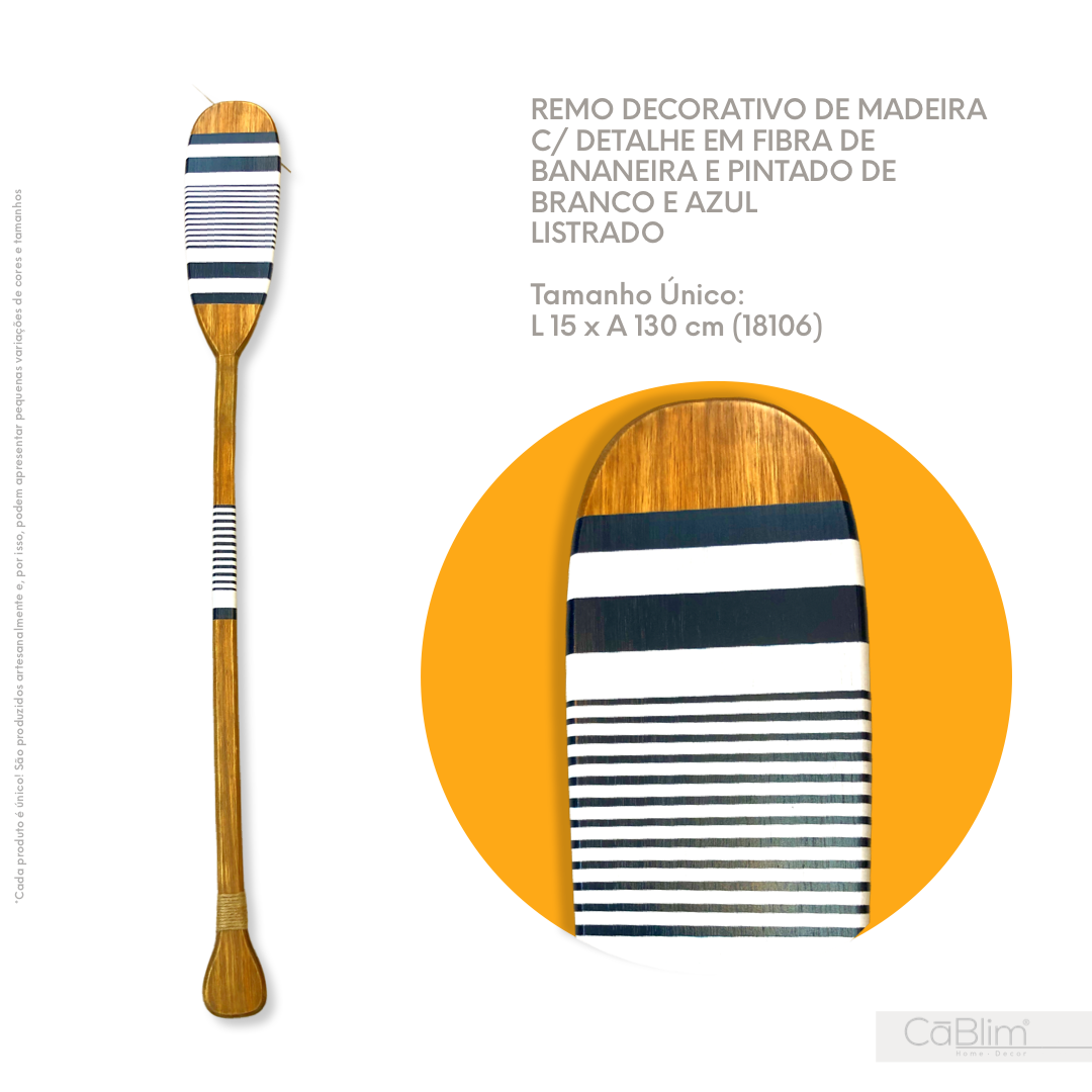 Remo Decorativo de Madeira com Detalhe em Fibra de Bananeira e Pintado de Branco e Azul Listrado