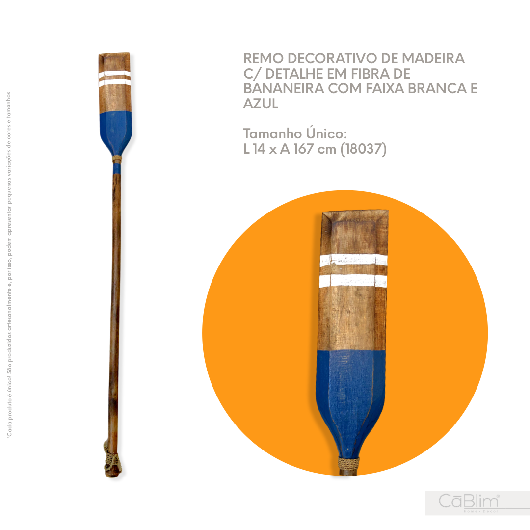 Remo Decorativo de Madeira com Detalhe em Fibra de Bananeira com Faixa Branca e Azul