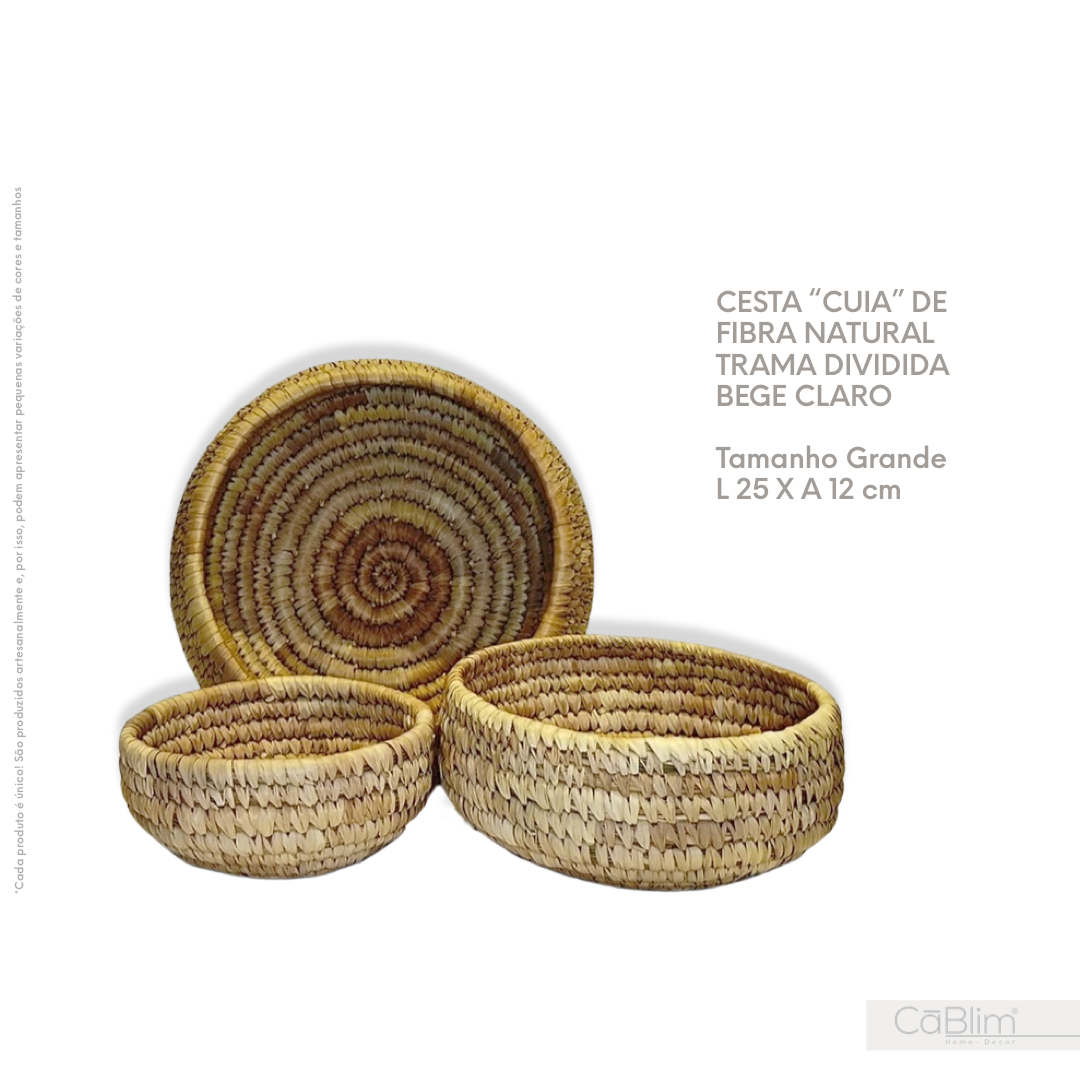 Cesta "Cuia" De Fibra Natural Trama Dividida Bege Claro