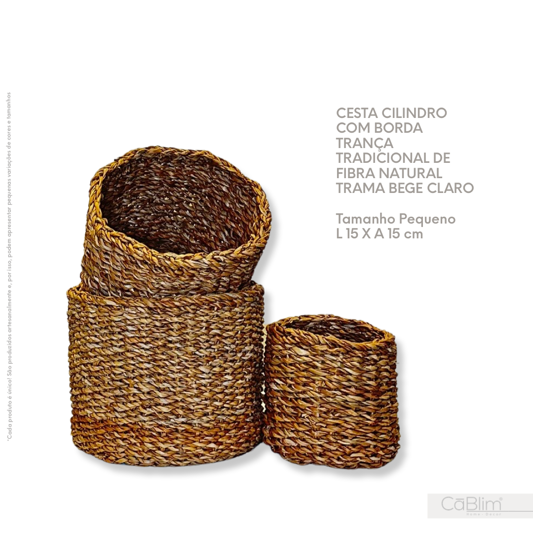 Cesta Cilindro Com Borda Trança Tradicional De Fibra Natural Trama Bege Claro