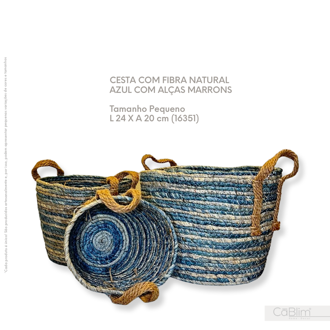 Cesta Com Fibra Natural Azul com Alças Marrons