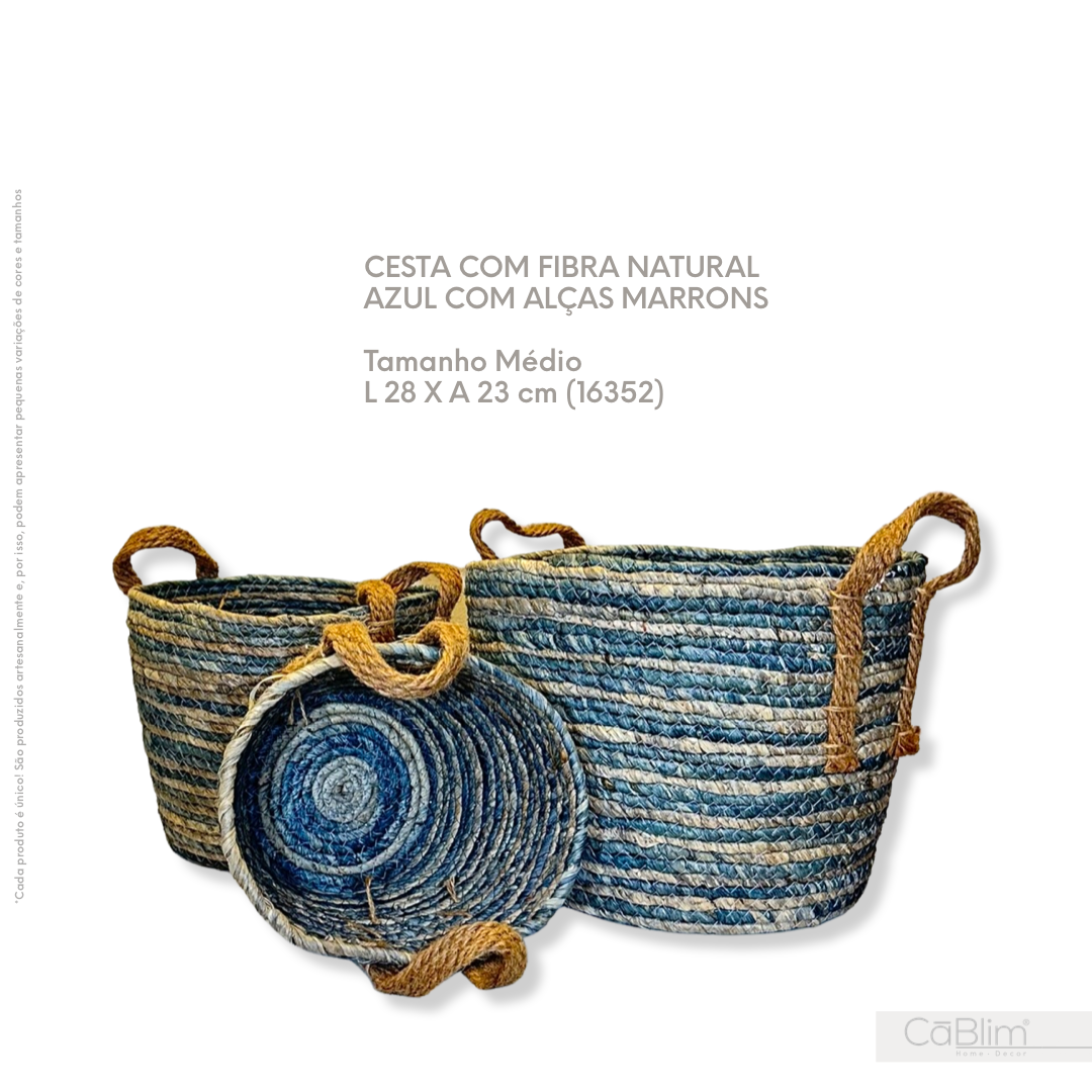 Cesta Com Fibra Natural Azul com Alças Marrons