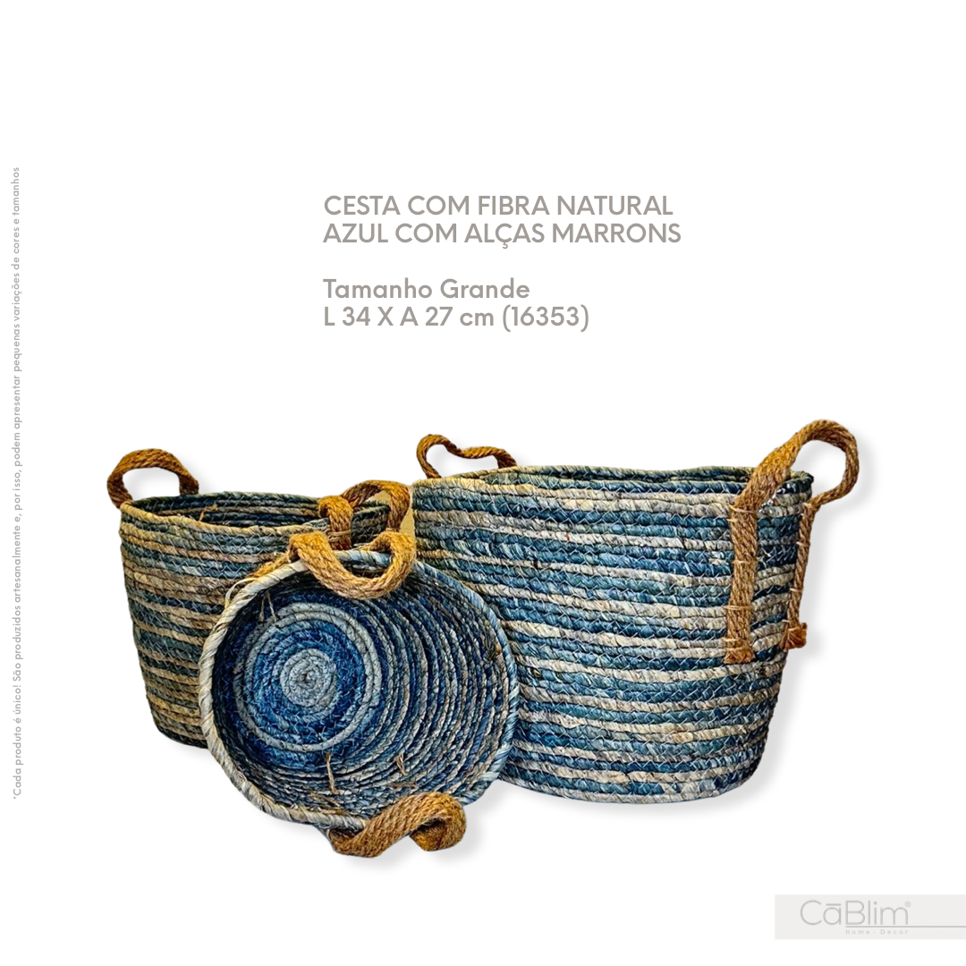 Cesta Com Fibra Natural Azul com Alças Marrons