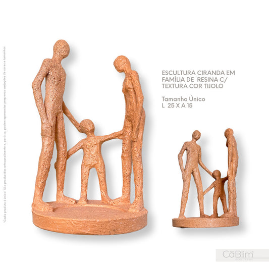 Escultura Ciranda em Família de Resina com Textura Cor Tijolo