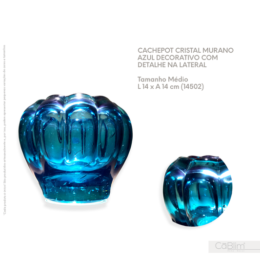 Cachepot Cristal Murano Azul Decorativo com Detalhe na Lateral