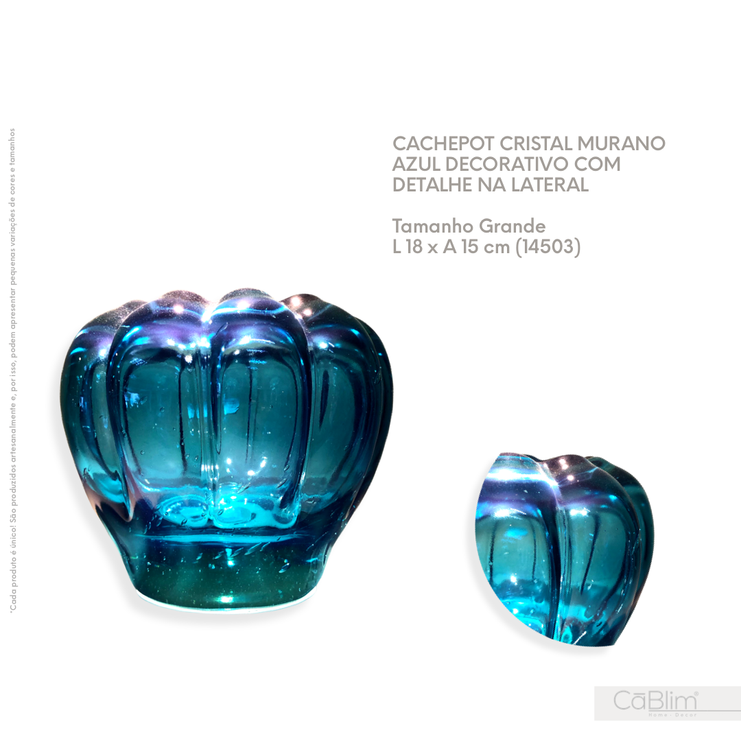 Cachepot Cristal Murano Azul Decorativo com Detalhe na Lateral