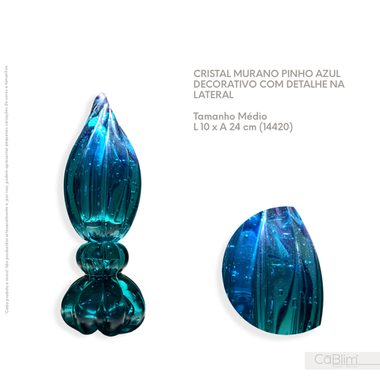 Cristal Murano Pinho Azul Decorativo com detalhe na Lateral
