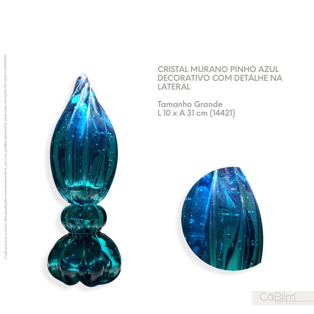 Cristal Murano Pinho Azul Decorativo com detalhe na Lateral