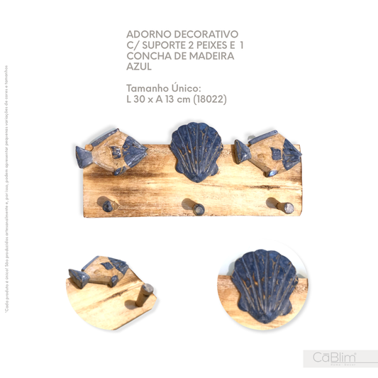 Adorno Decorativo com Suporte 2 Peixes e 1 Concha de Madeira Azul