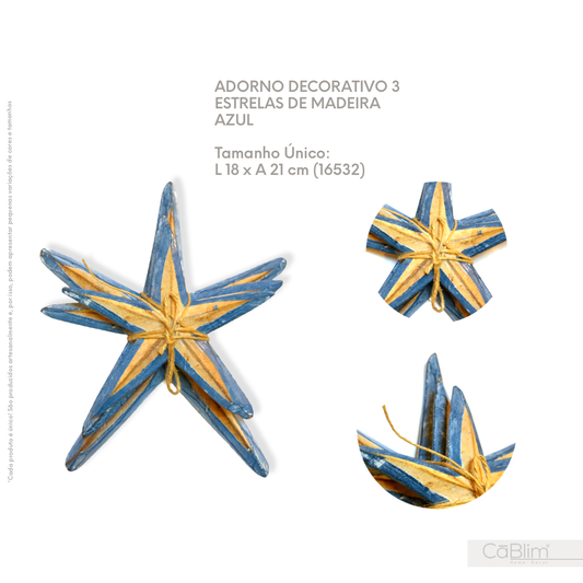 Adorno Decorativo 3 Estrelas de Madeira Azul
