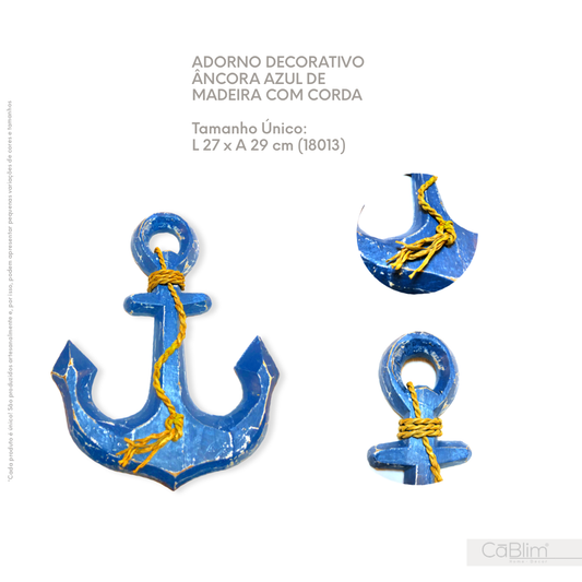 Adorno Decorativo Âncora Azul de madeira com Corda