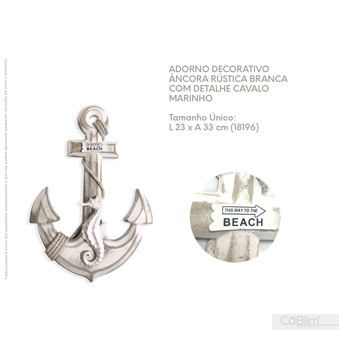 Adorno Decorativo Âncora Rústica Branca com Detalhe Cavalo Marinho