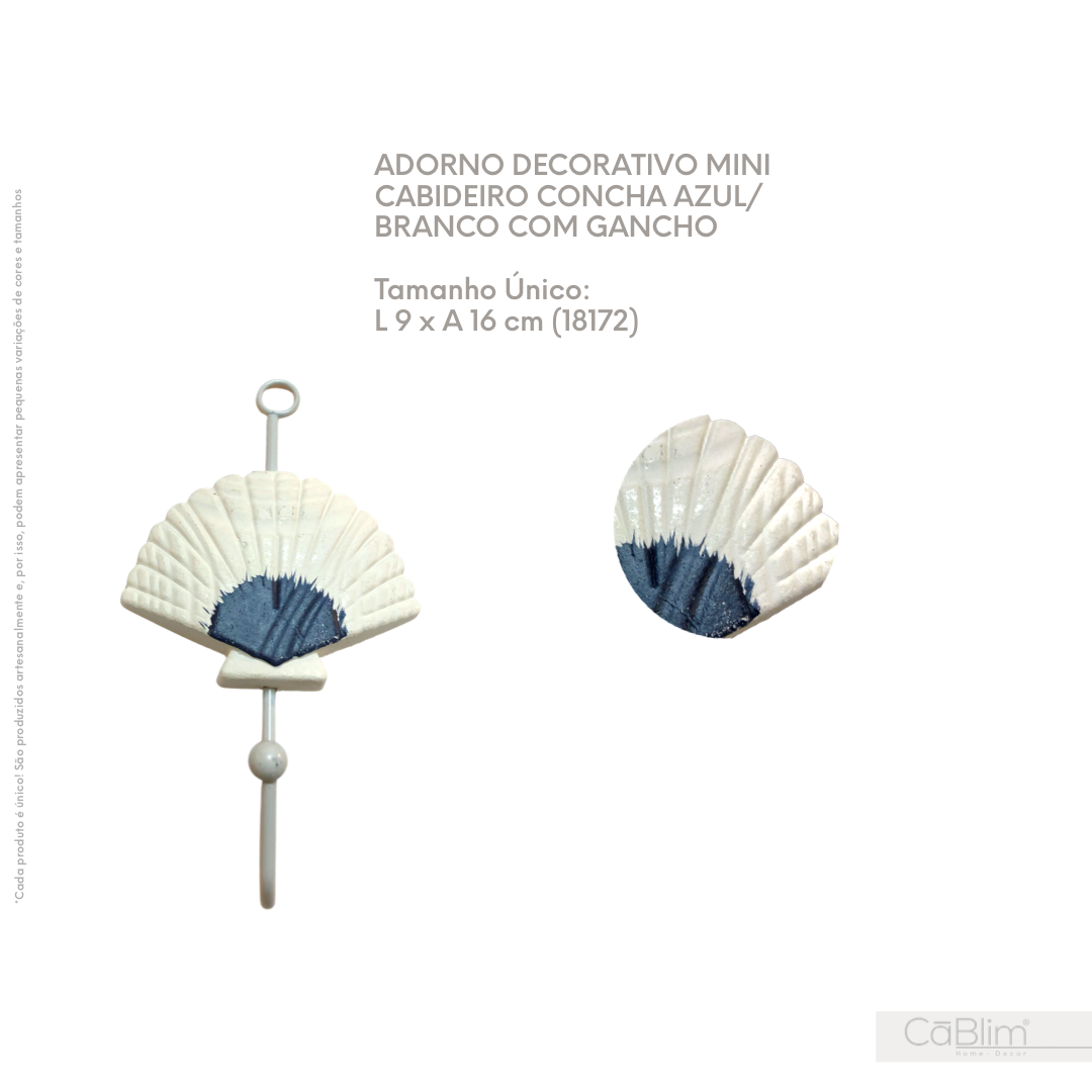 Adorno Decorativo Mini Cabideiro Concha Azul/Branco com Gancho