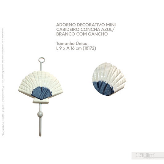 Adorno Decorativo Mini Cabideiro Concha Azul/Branco com Gancho