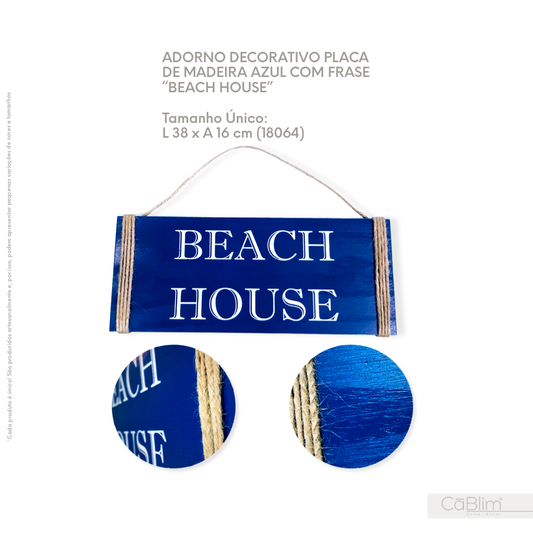 Adorno Decorativo Placa de Madeira Azul com Frase Beach House