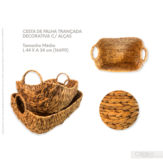 Cesta de Palha Trançada Decorativa com Alças