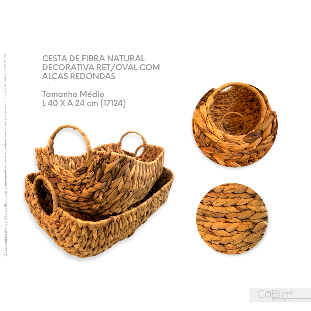 Cesta de Fibra natural Decorativa Ret/Oval com Alças Redondas