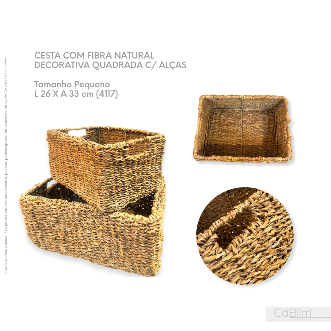 Cesta de Fibra Natural Decorativa Quadrada com Alças