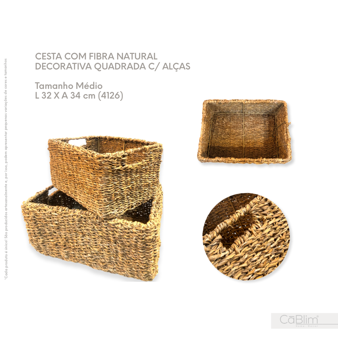 Cesta de Fibra Natural Decorativa Quadrada com Alças