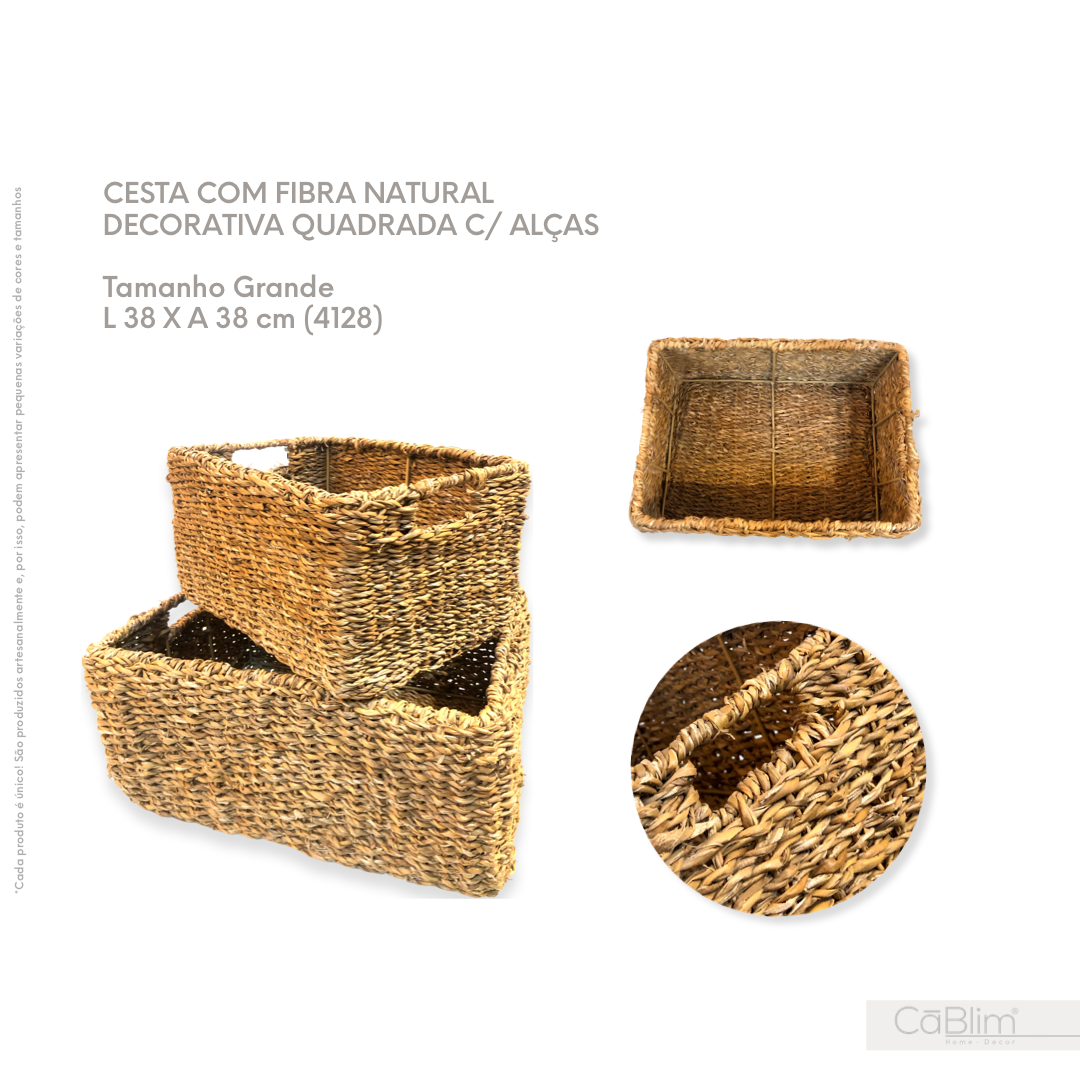 Cesta de Fibra Natural Decorativa Quadrada com Alças