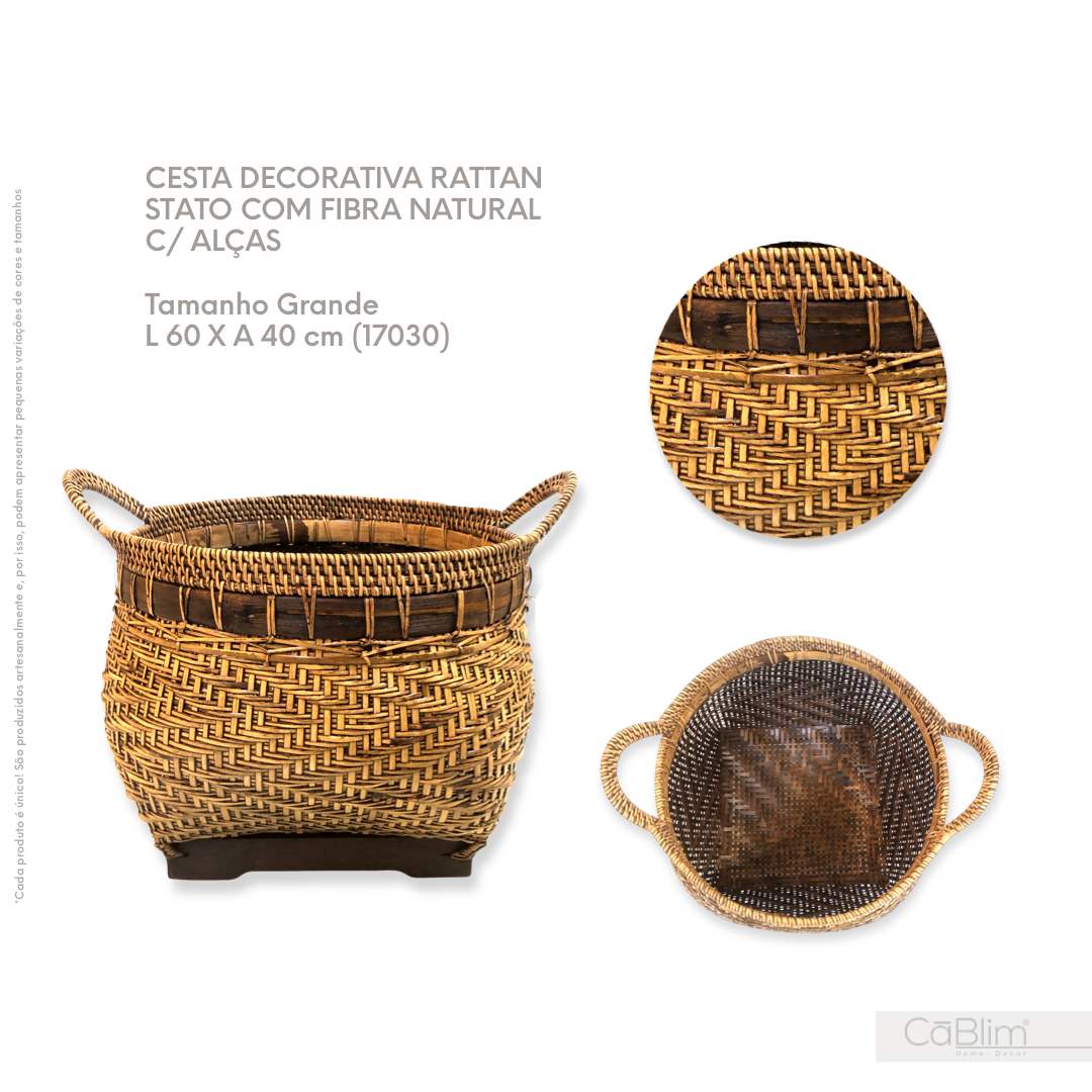 Cesta Decorativa Rattan Stato com Fibra Natural com Alças