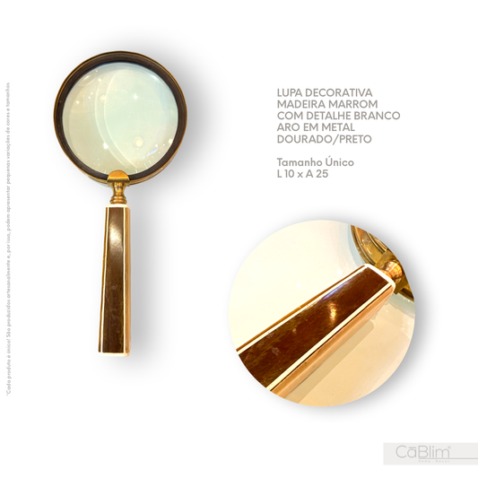 Lupa Decorativa Madeira Marrom com Detalhe Branco Aro em Metal Dourado/Preto