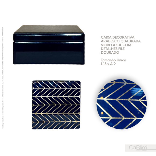 Caixa Decorativa Arabesco Quadrada Vidro Azul com Detalhes Filé Dourado