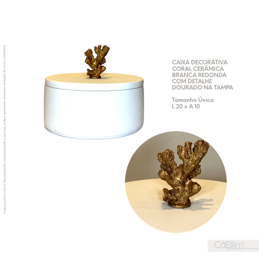 Caixa Decorativa Coral Cerâmica Branca Redonda com Detalhe Dourado na Tampa