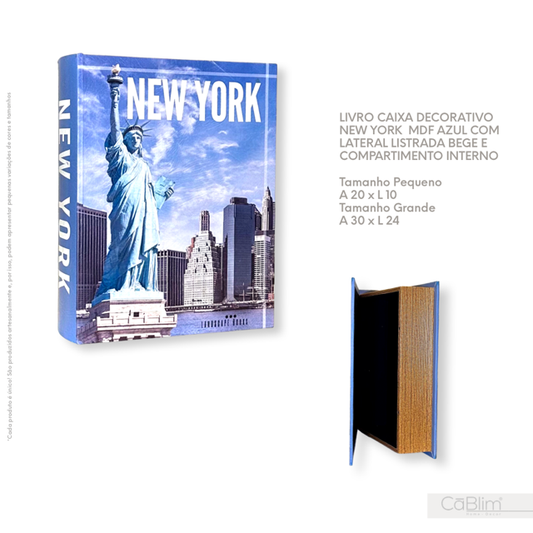 Livro Caixa Decorativo New York MDF Azul com Lateral Listrada Bege e Compartimento Interno