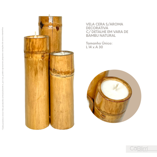 Vela Cera S/ Aroma Decorativa com Detalhe em Vara de bambu Natural