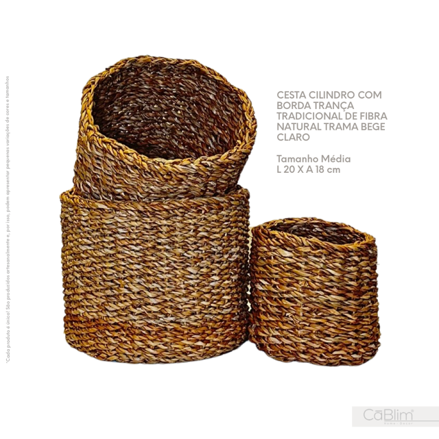 Cesta Cilindro Com Borda Trança Tradicional De Fibra Natural Trama Bege Claro