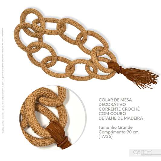 Colar de Mesa Decorativo Corrente Crochê com Couro Detalhe de Madeira