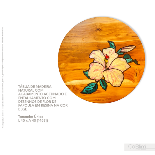Tábua de Madeira Natural com Acabamento Acetinado e Entalhamento com Desenhos de Flor de Papoula em Resina na Cor Bege
