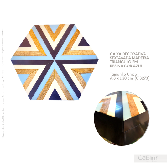 Caixa Decorativa Sextavada Madeira Triângulo em Resina Cor Azul