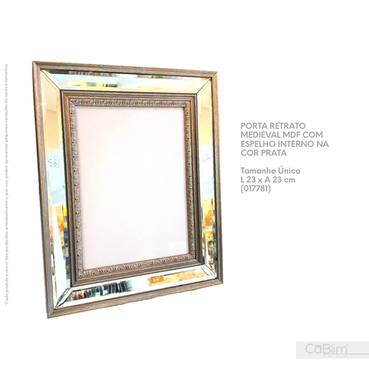 Porta Retrato Medieval MDF com Espelho Interno na Cor Prata