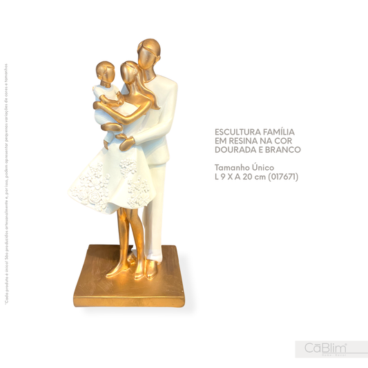 Escultura Família em resina na Cor Dourado e Branco