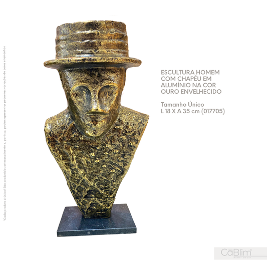 Escultura Homem com Chapéu em Alumínio na Cor Ouro Envelhecido